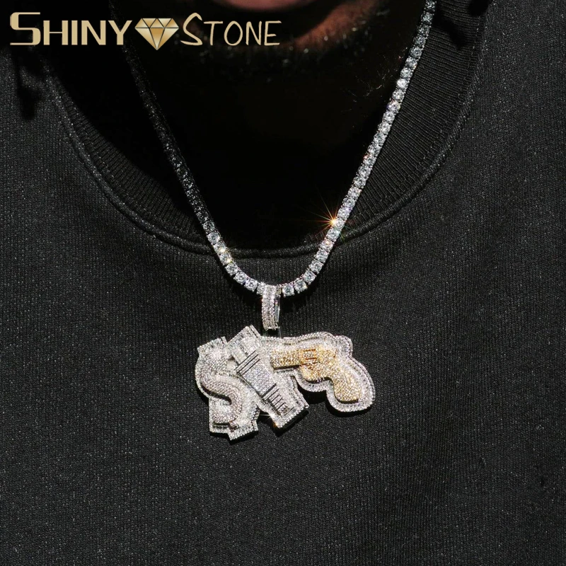 

New Iced Out Bling Money Power Respect Pendant Necklace Two Tone Color CZ Zircon Plug Gun Charm Men's Women Hip Hop Jewelry