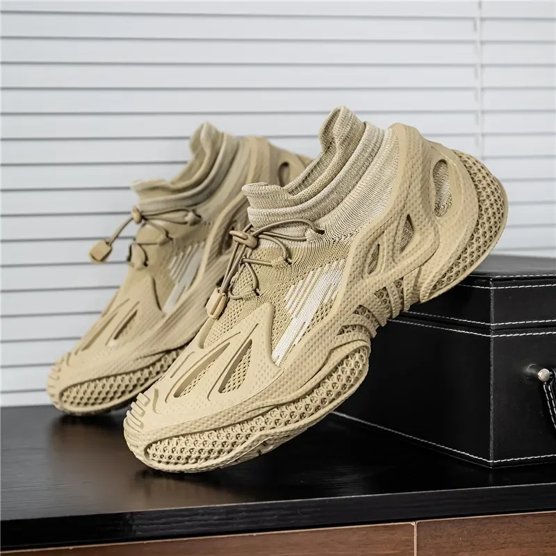 Men's Casual Sports Shoes with Mesh Surface Breathable Laced Solid Color Spring and Summer Wear-resistant and Anti-slip