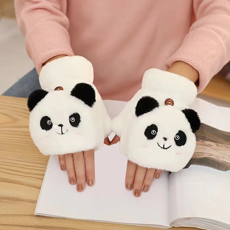 Fashion Women Plush Warm Glove Fur Rabbit Cat Mittens Flip Fingerless Gloves Soft Girls Thick Flexible Half Finger Winter Gloves