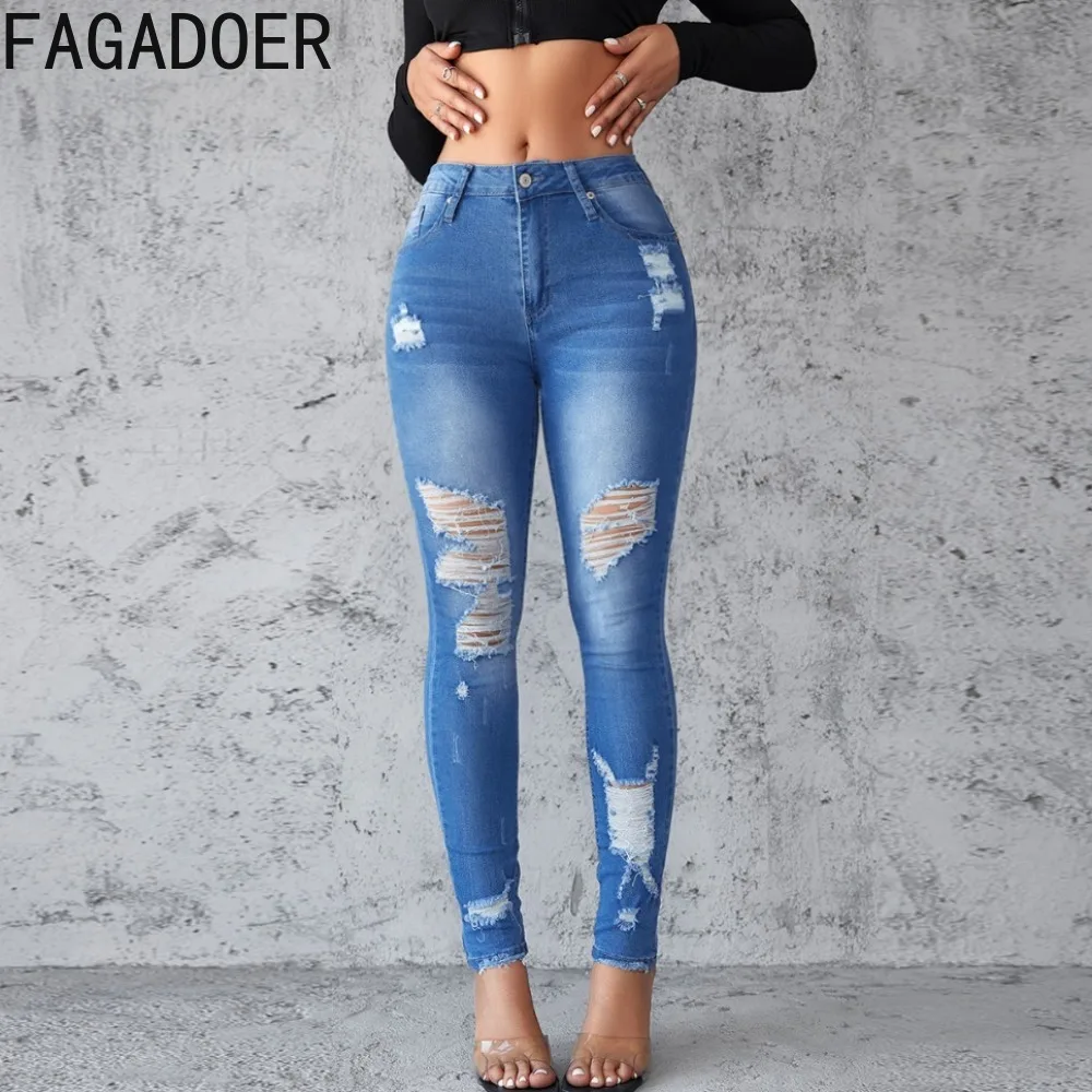 

Модные эластичные джинсовые узкие брюки-карандаш с дырками FAGADOER, женские джинсы с высокой талией и пуговицами и карманами, женские ковбойские брюки