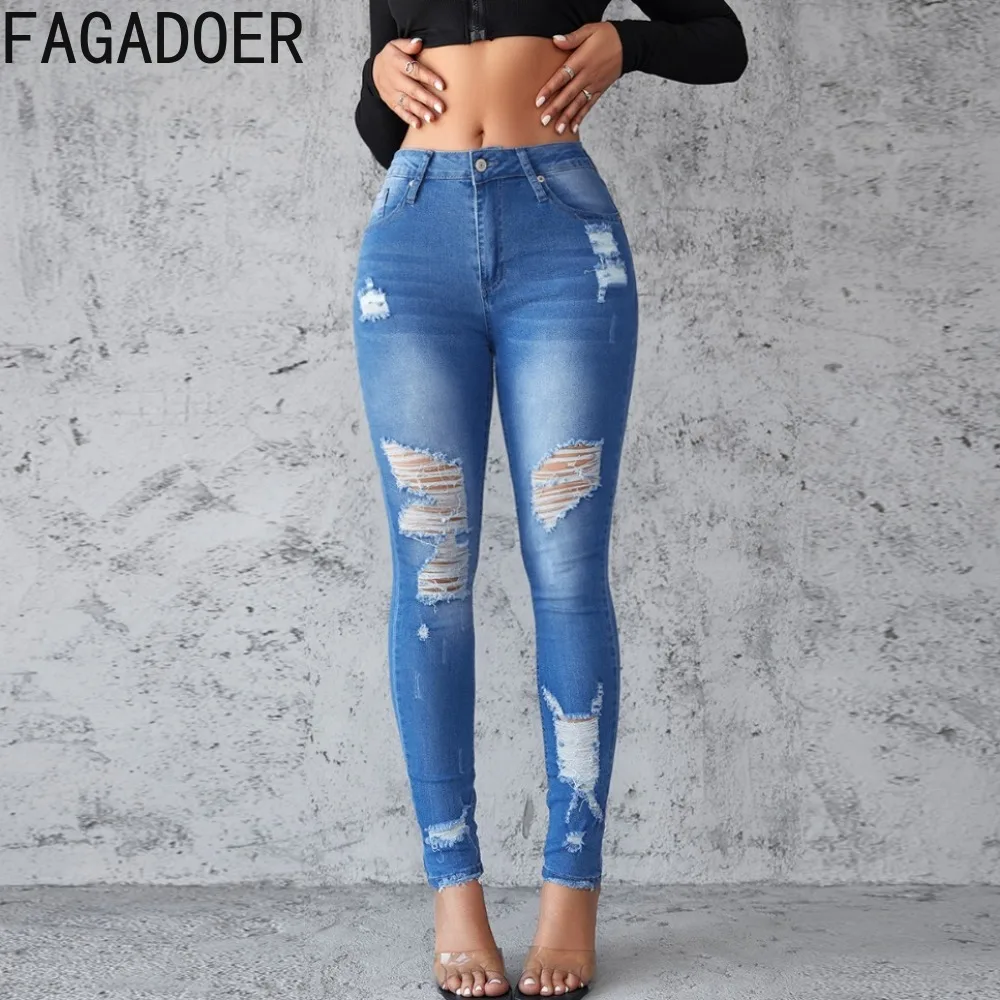 

FAGADOER Fashion Hole Elasticity Denim Skinny Pencil Pants Women High Waisted Button Pocket Jean Trousers Female Cowboy Bottoms