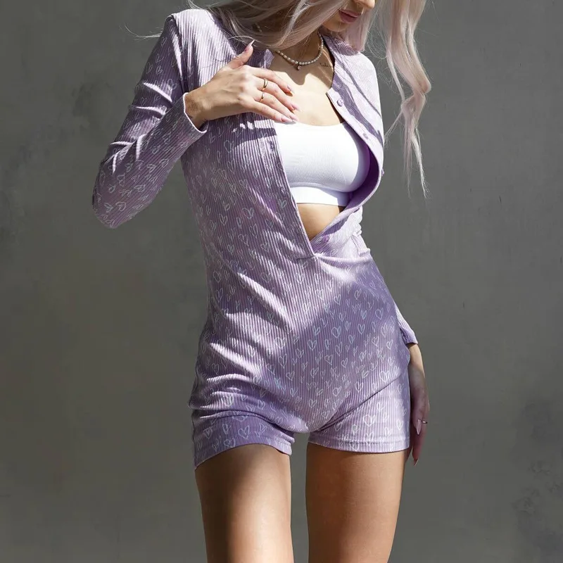 

Женские цельные шорты с принтом, повседневная блузка на пуговицах с длинным рукавом и v-образным вырезом, весна-лето 2025, облегающая одежда