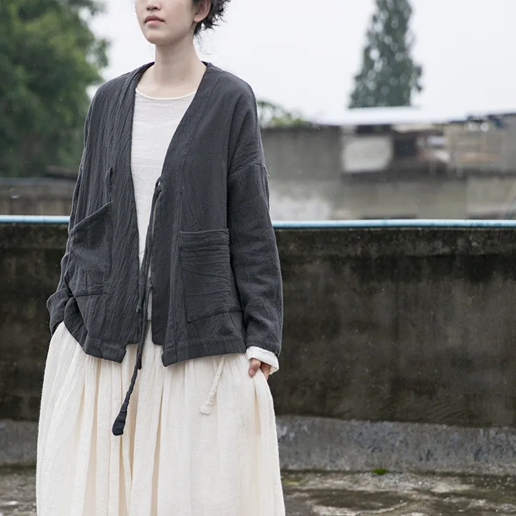 

Retro gray cotton and linen short jacket loose linen cardigan fashionable and casual versatile simple temperament elegant vacati