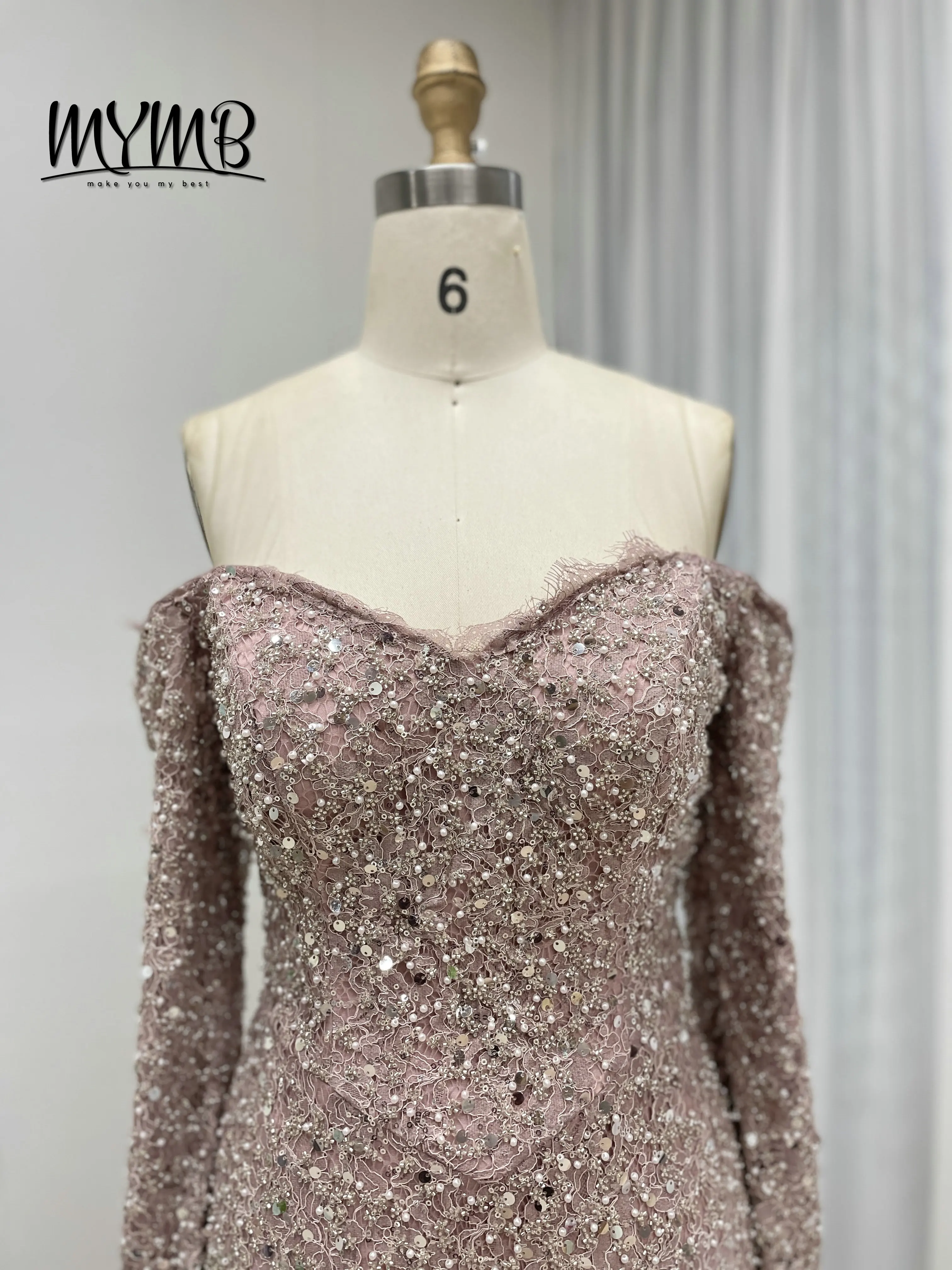 Mymb rosa vestidos femininos senhora elegante para chá alto mangas compridas sereia vestido de casamento formal luxo cristal frisado vestido my30170