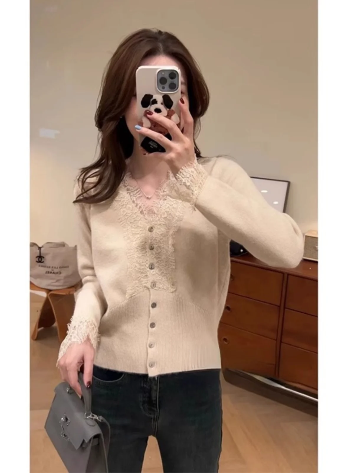 

Women's V-ne Long Sve Knitted Cardigan Lace Trim Base Layer irt Spring Autumn Faionable Versatile Commute Sle
