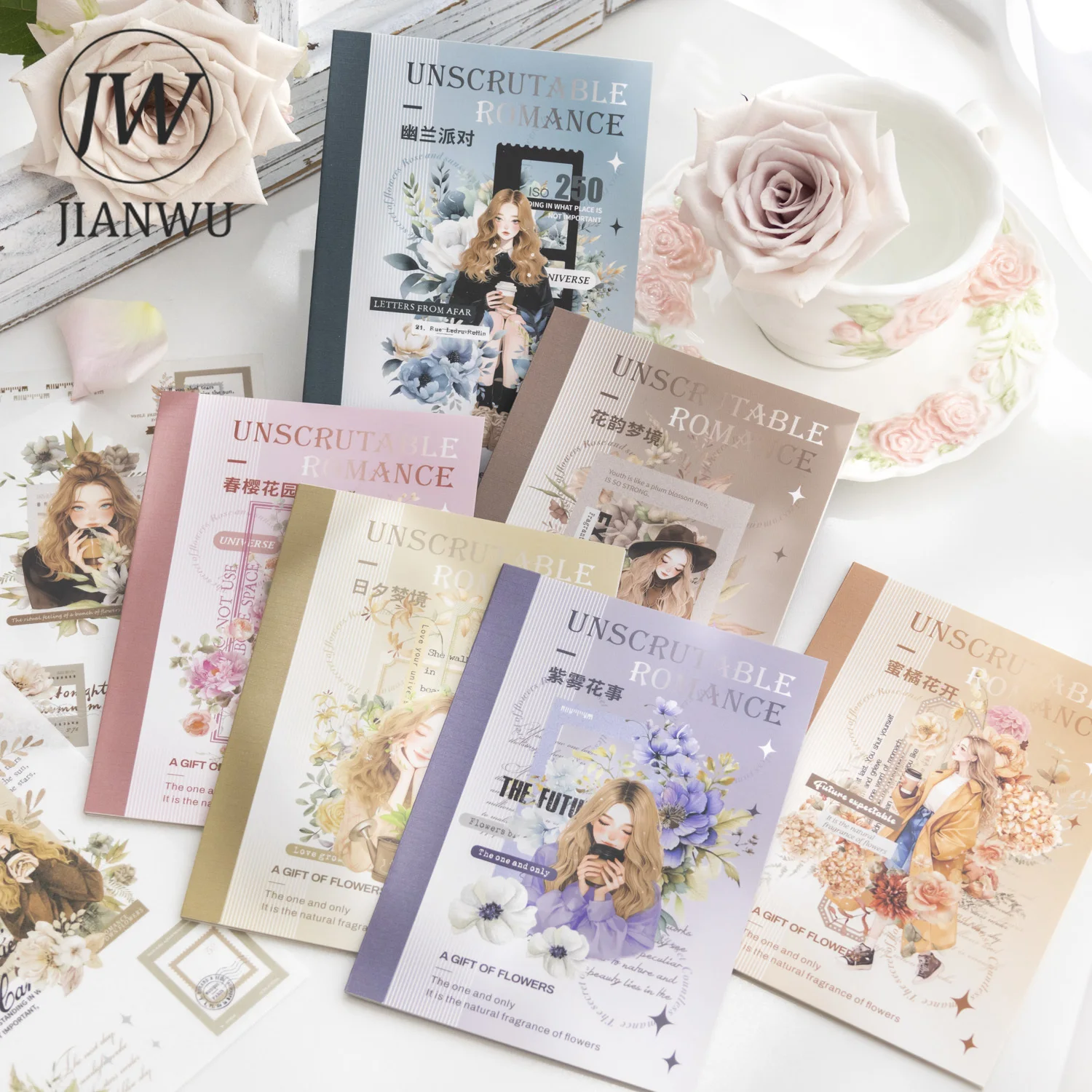 JIANWU Unscrutable Romance Series Vintage Character Flower Material Collage Sticker Book Creative DIY Journal Stationery