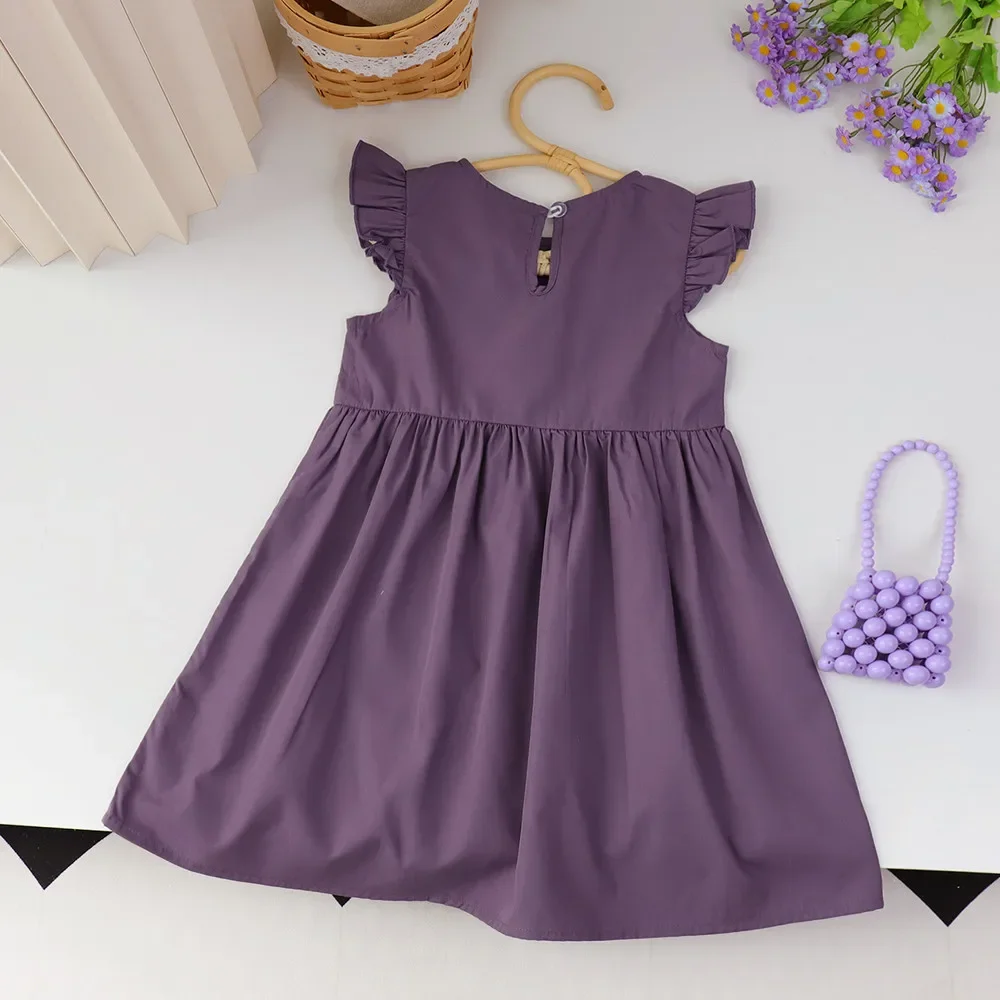 Bear Leader Purple Flying Sleeves Patchwork Lace Girls Dresses Solid Color Summer 3-7 Years Casual Kids Clothes