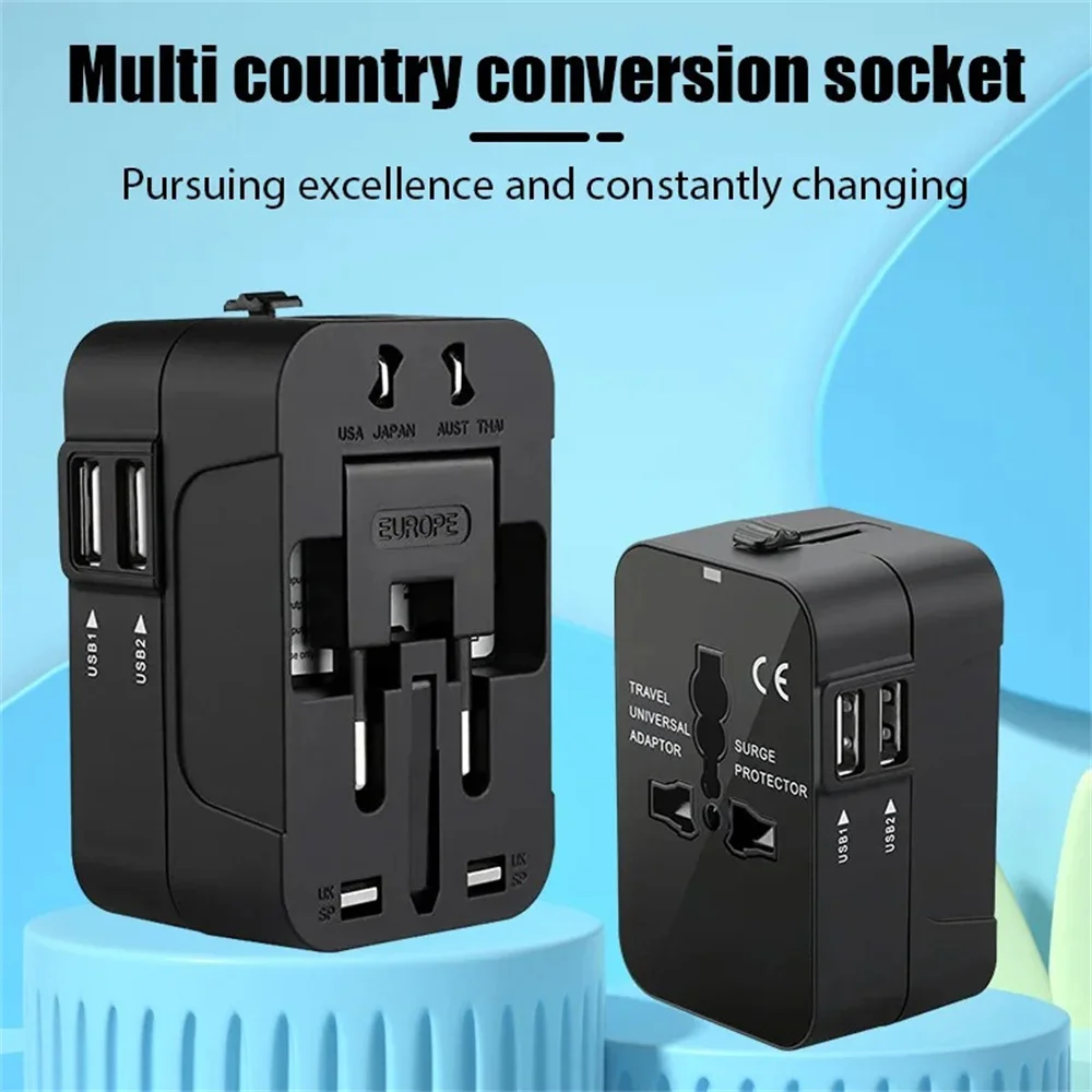 International Travel Plug Adapter EU US UK AU to Universal AC Power Converter Socket with 2 USB Ports Safety Shutter Locking