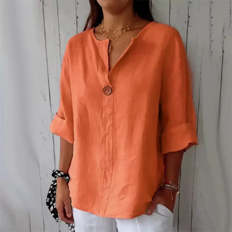 

Loose Cotton Linen Women's T-irt Summer Casual Sle Button up Top V-ne ort Sve Moisture ng Thin Fabric
