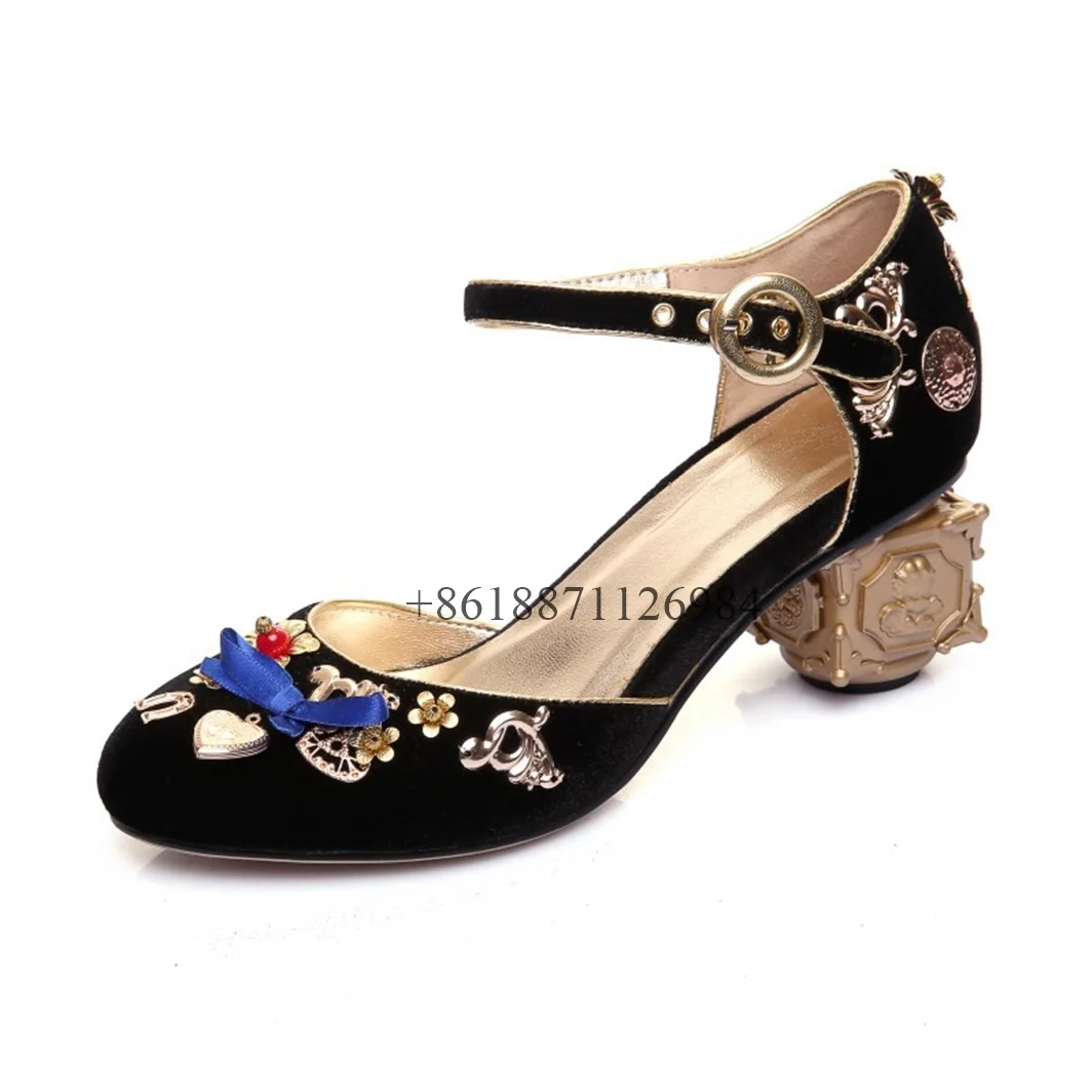 

Genuine Leather Round Toe Bowknot Women Pumps Shoes With Metal Decoration Strange Middle Heels Buckle Strap Design Shoes