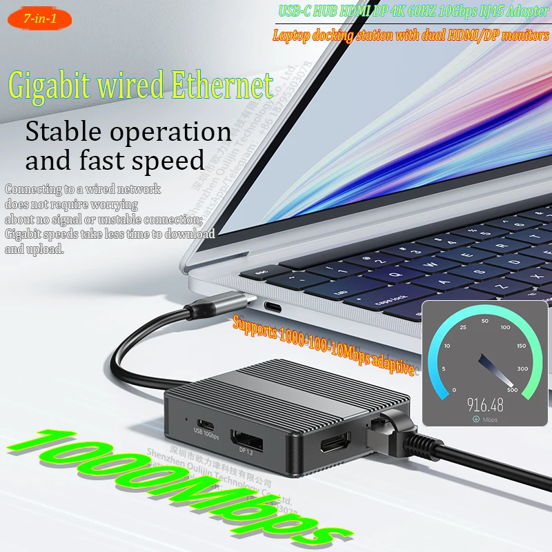 USB C Hub 7-In-1 USB3.2 Adapter Type C Hub Laptop Docking Station with 4K 60Hz Dual HDTV RJ45 Ethernet PD Fast Chargin for Mac