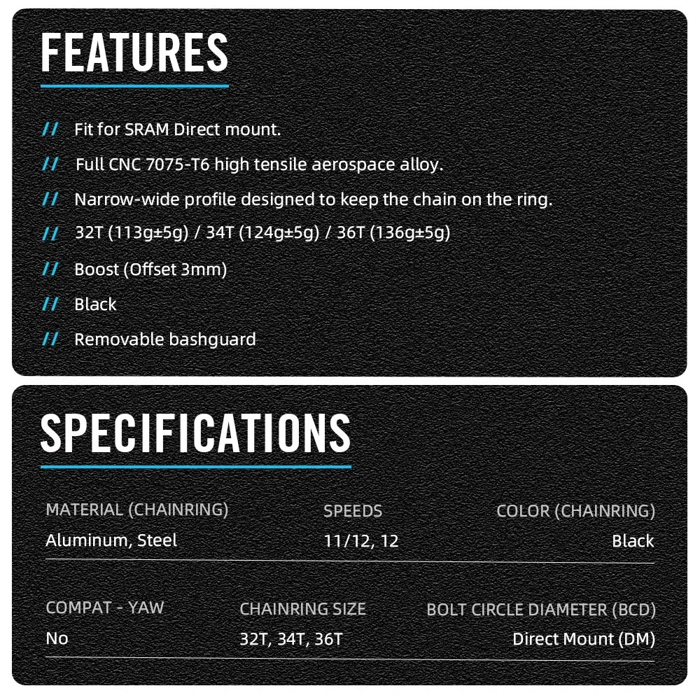 Fit for Sram Direct Mount Chainring 32T/34T/36T Boost Chainring with RYET Chain Wheel Removable Bashguard Narrow-Wide Offset 3mm