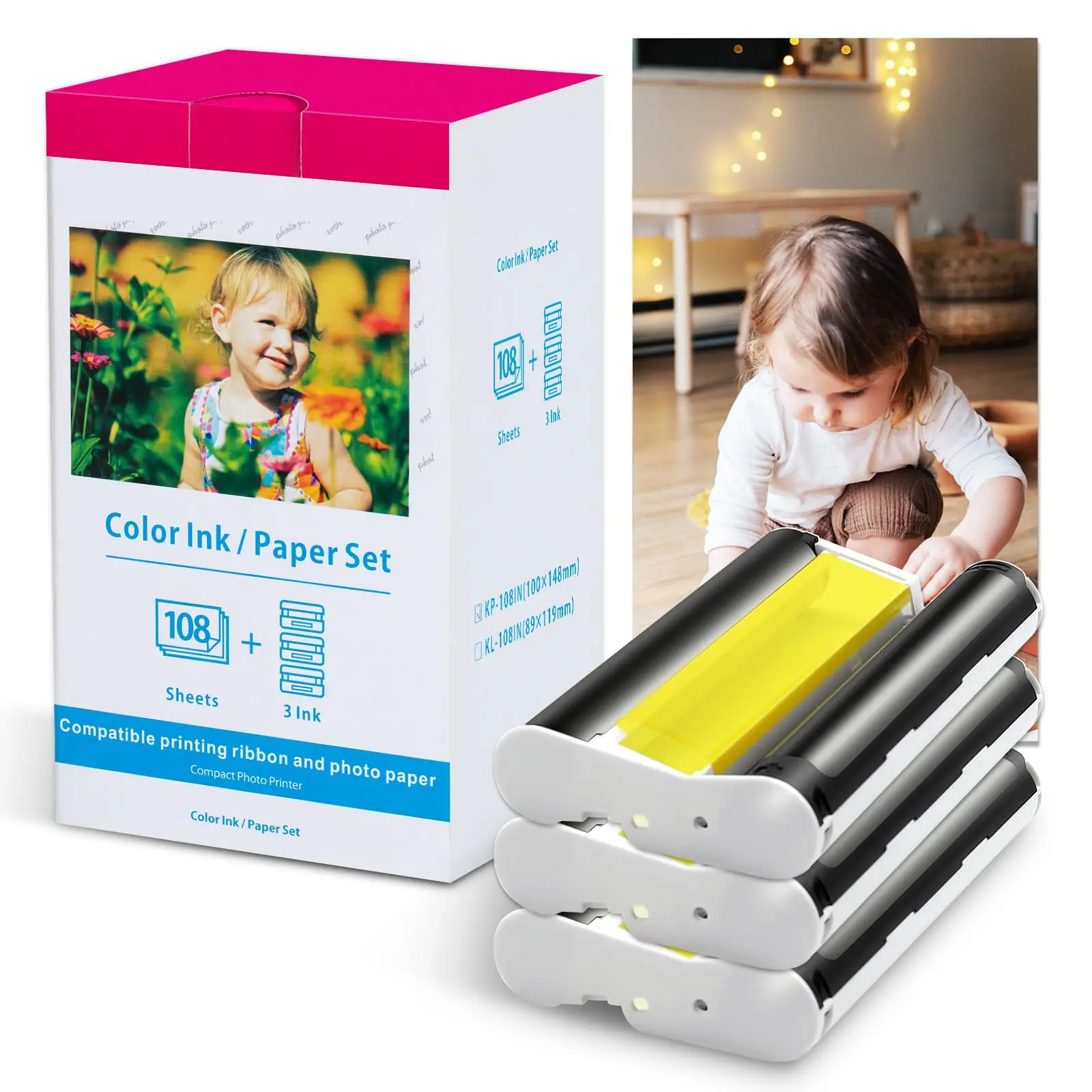 Photo Paper Set Compatible Canon Selphy CP1300 CP1500 CP1200 Printer KP-108IN 10x15cm 6\' x4\' 108 Sheets 3 Colour Ink Cassette