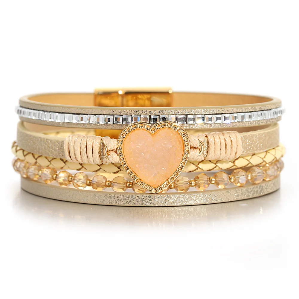 ALLYES Romantic Heart Stone Wrap Bracelet for Women Vintage Crystal Beads Chain Multilayer Leather Bracelets Jewelry Gifts