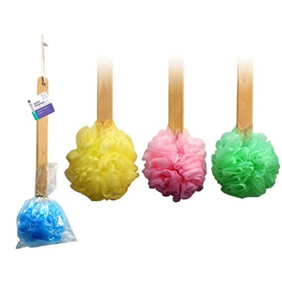

4pk 15" Long Wooden Handle Back Scrubber Bath Shower Mesh Sponge Exfoliating Body Brush Wash Nylon Puff Spa