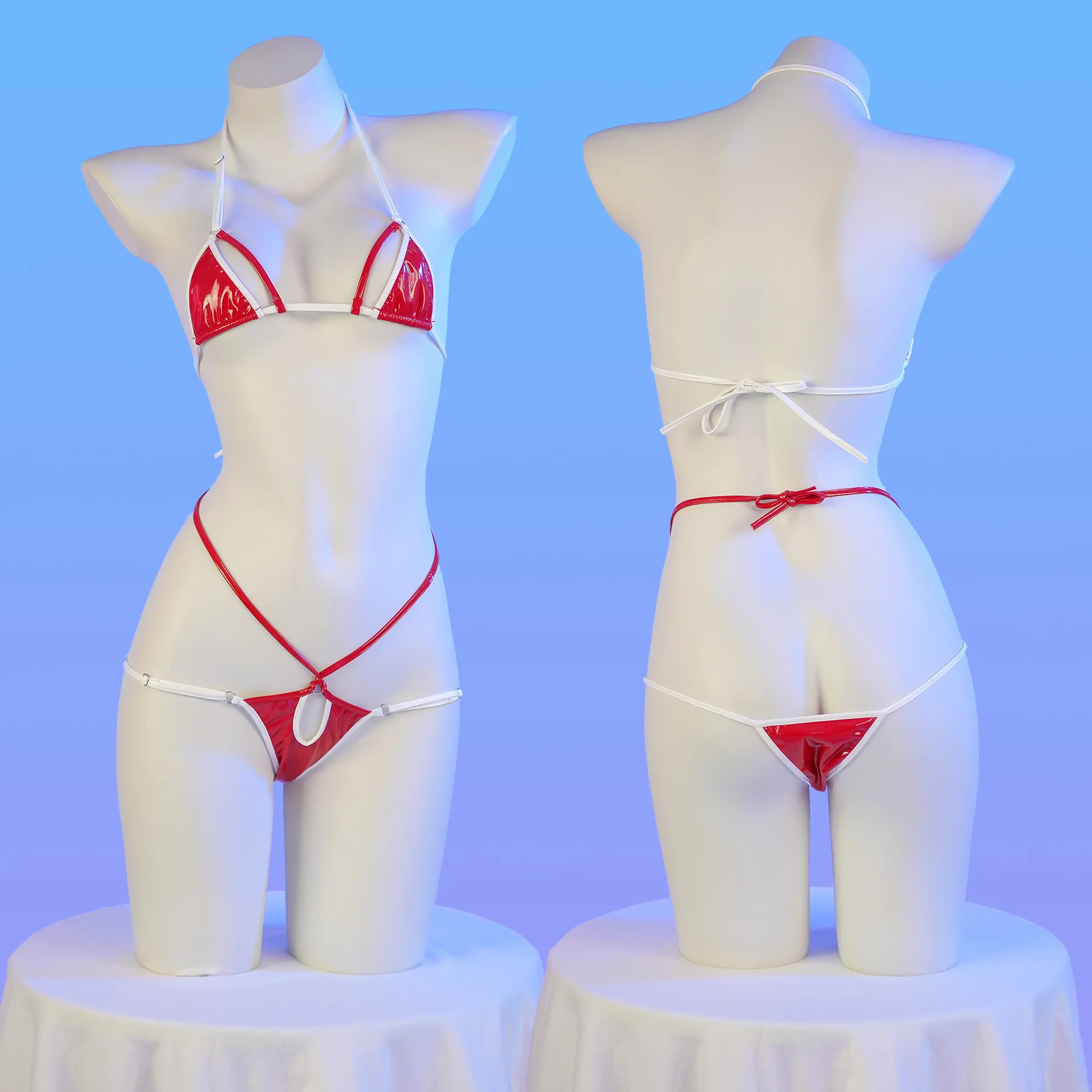 

Summer Pool Party Girl Strap Halter White Leather Bikini Swimsuit Women Anime Swimwear Cosplay Costume Halloween Underwear 18+