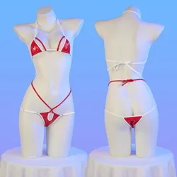 Summer Pool Party Girl Strap Halter White Leather Bikini Swimsuit Women Anime Swimwear Cosplay Costume Halloween Underwear 18+