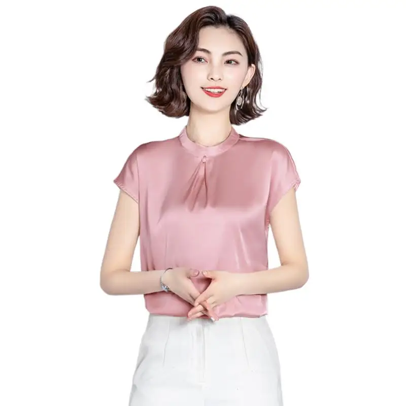 

Woman Clothing OL Shirts Acetate satin Blouse Women short Sleeve Stand Neck Vintage Solid artificial silk Blouses White Black