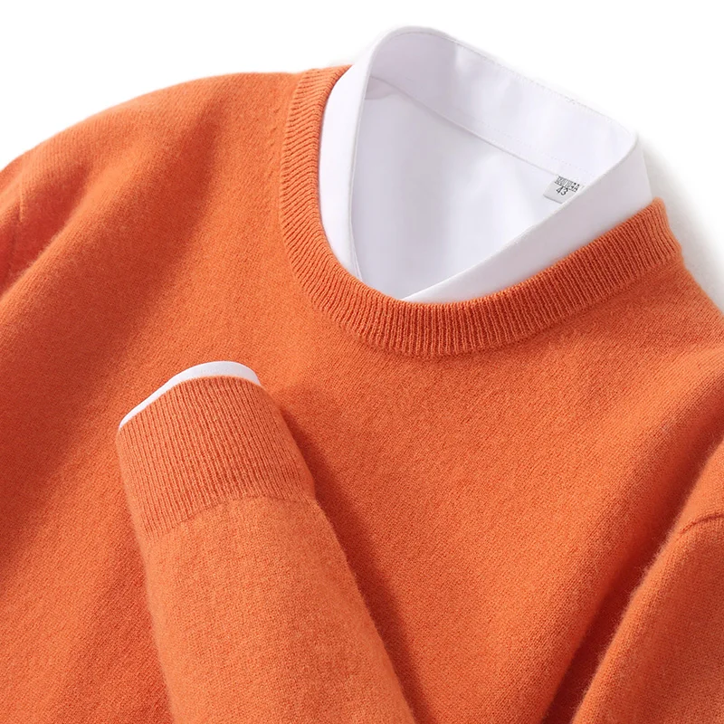 Men's solid color classic O-neck sweater autumn and winter 100% Merino wool knitted pullover long sleeve warm loose top