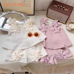 Bear Leader Korean Version Solid Color Children's Suit 3D Flower Decoration Girls Clothes Summer Sleeveless Vest+Shorts 2Pcs Set