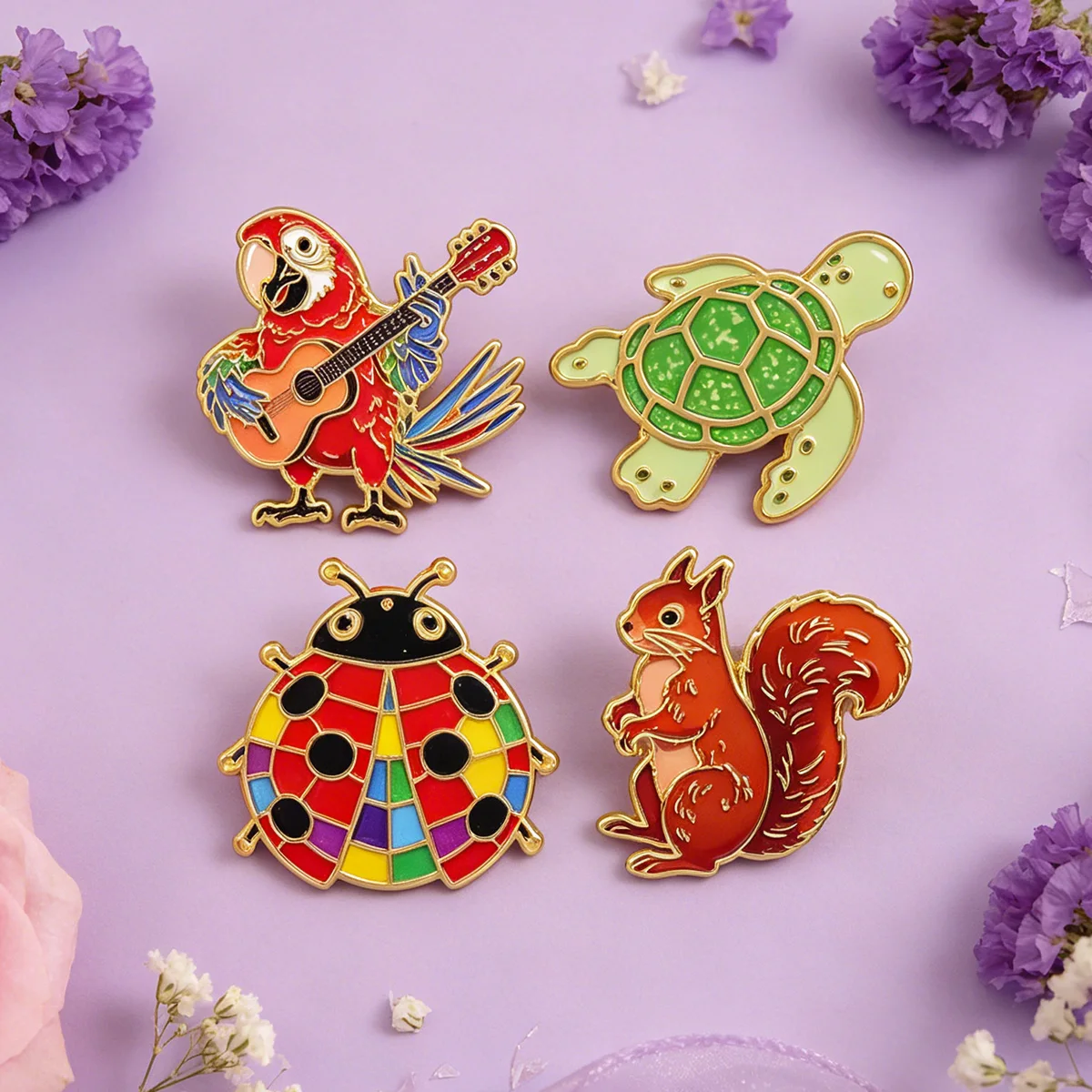 4pcs Parrot Enamel Pin Squirrel Brooch For Coat Animal Brooches Collar Lapel Pins Metal Badges Jewelry Gift for Friends