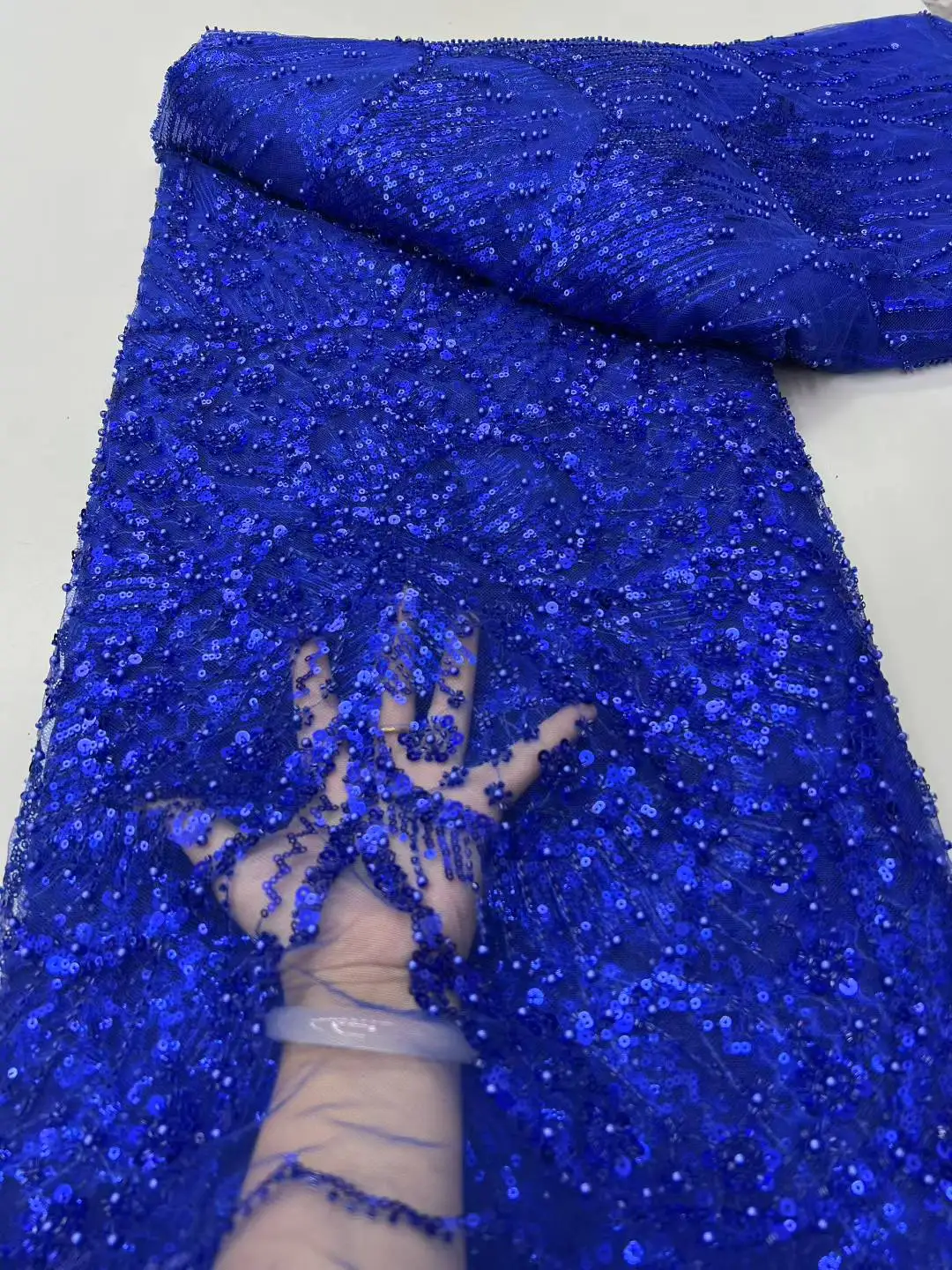 Tecido de renda de malha francesa elegante com miçangas bordadas e lantejoulas para vestidos de casamento design africano nigeriano com contas para mulheres