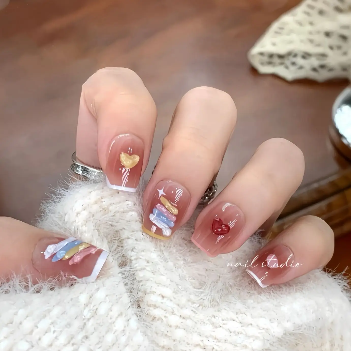 

10pcs Cute Doodle Gradient Pink 3D Handmade Nail tips Fake nails Press on nails Soft gel False nails