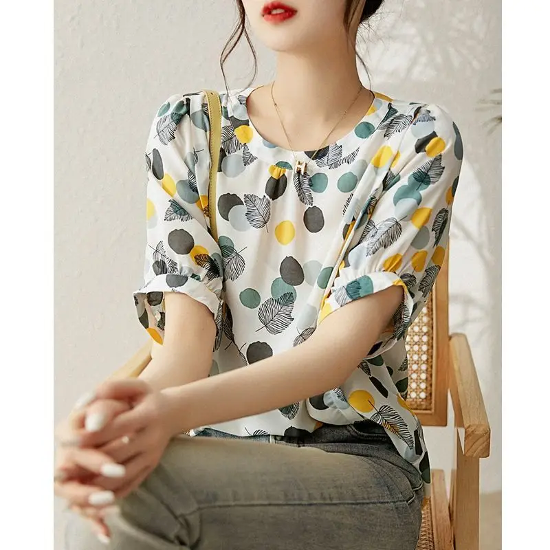 Fashion Printing Summer Loose Unique Sense of Design Blouse Women New Classic Half Sleeve Slim O-collar Office All-match Shirt