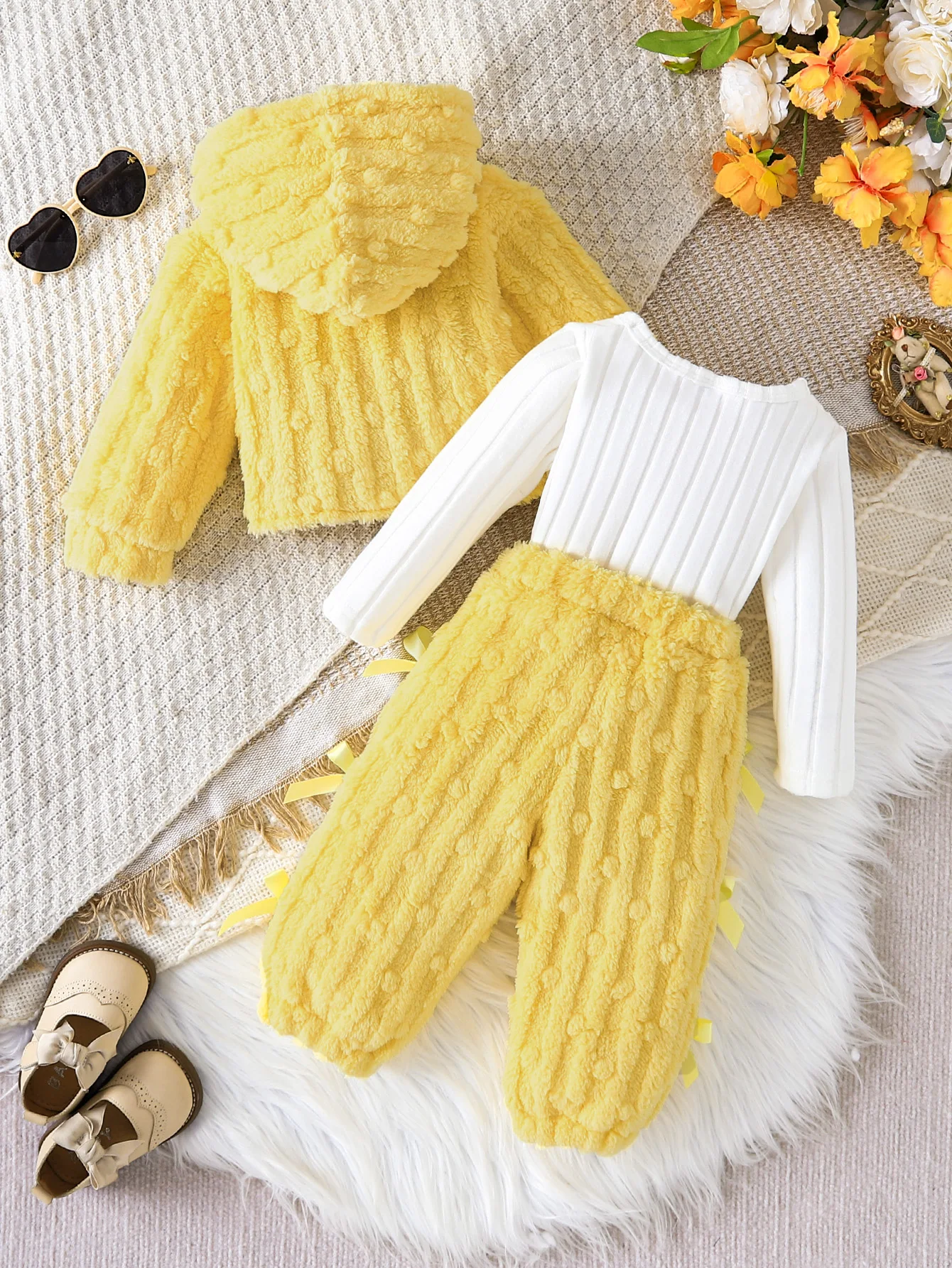 3Pcs Fall Winter Baby Girl Outfit,Cute Bow Decor Fuzzy Hooded Cropped Jacket+Ribbed Long Sleeve Top+Plush Pants Set,Sweet Warm