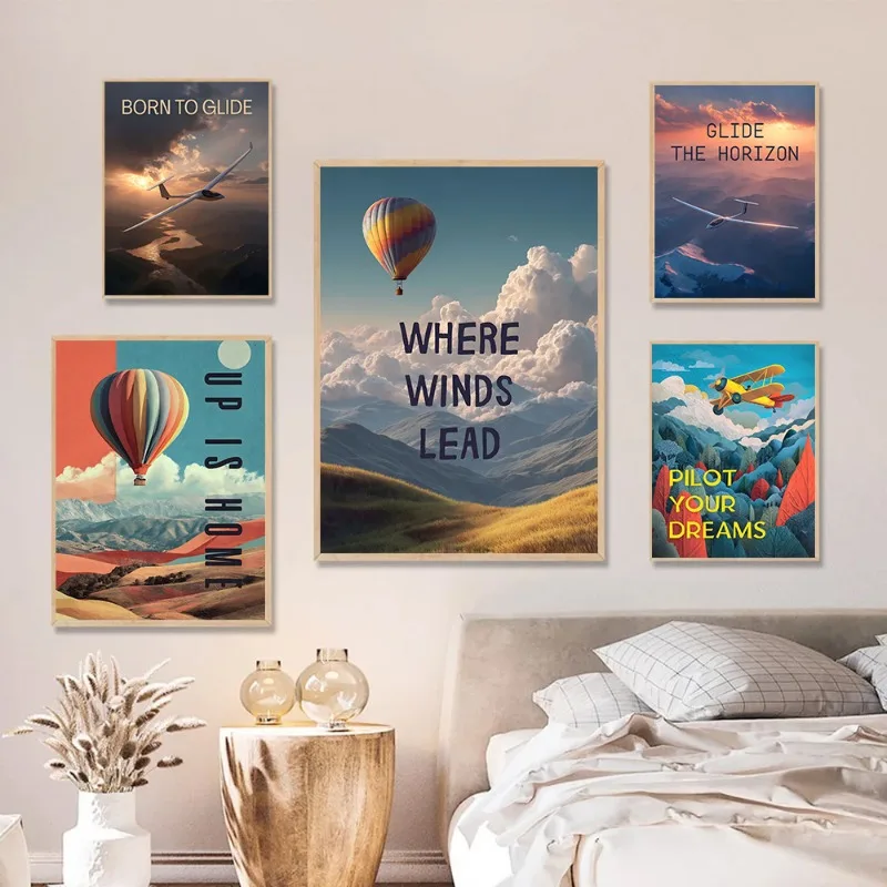 Vintage Aviation Wall Art Poster Print Glider Hot Air Balloon Sunset Mountain Landscape Modern Canvas Art Living Room Home Decor