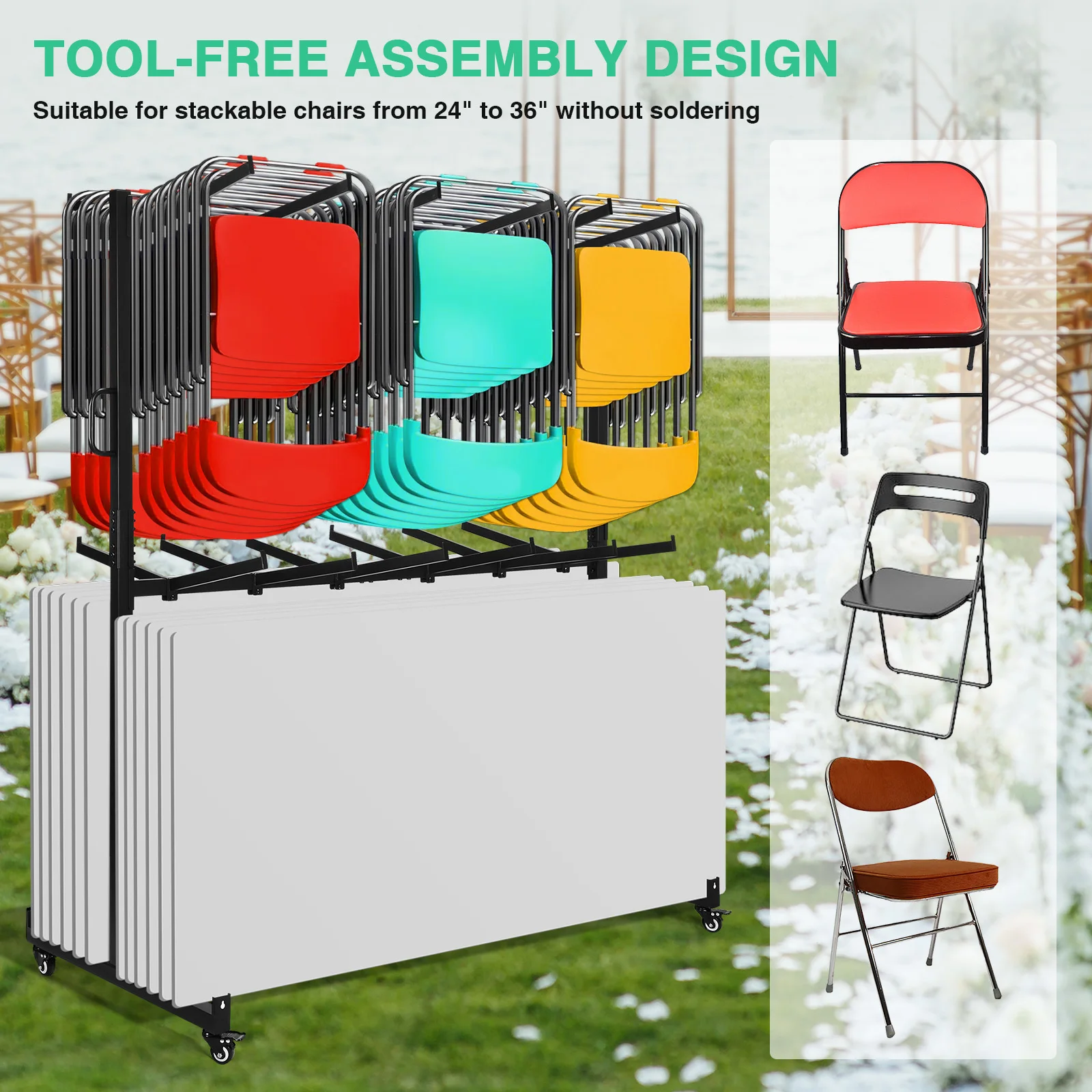 Folding Chair Rack with Locking Rubber Wheels Heavy Duty Folding Chair Cart Folding Chair and Table Rack for 84 Folding Chairs