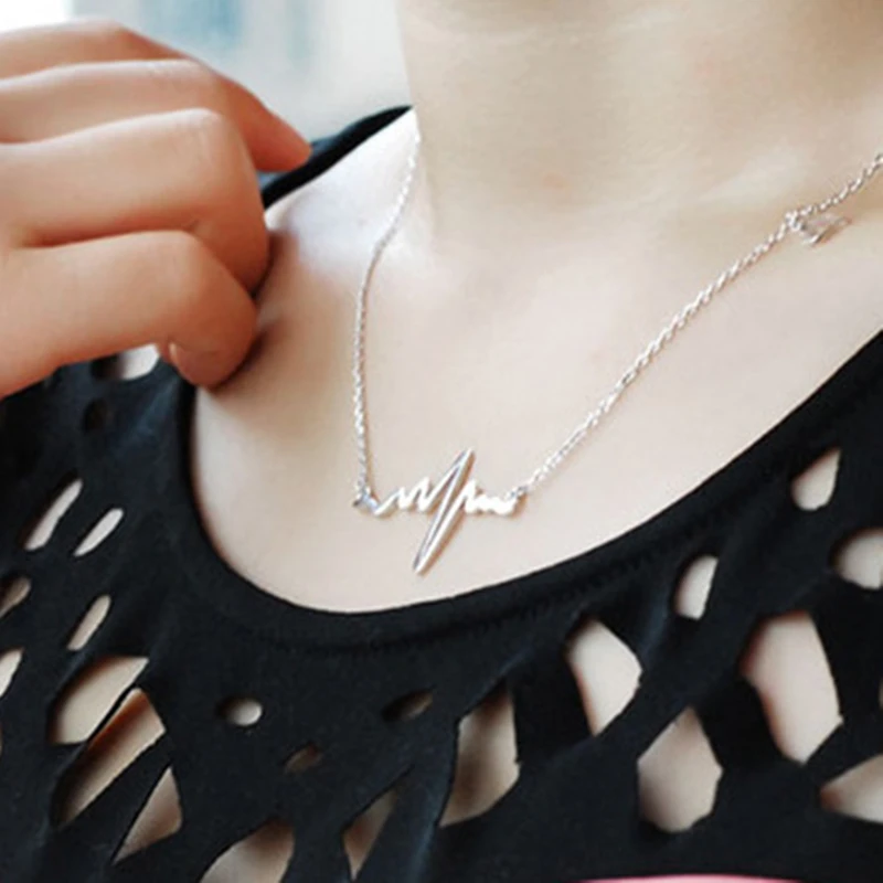 Wave Heart Necklace ECG Heartbeat Gold Color Pendant Charm Lightning Necklace For Women Vintage Jewelry Accessories Lover Gift