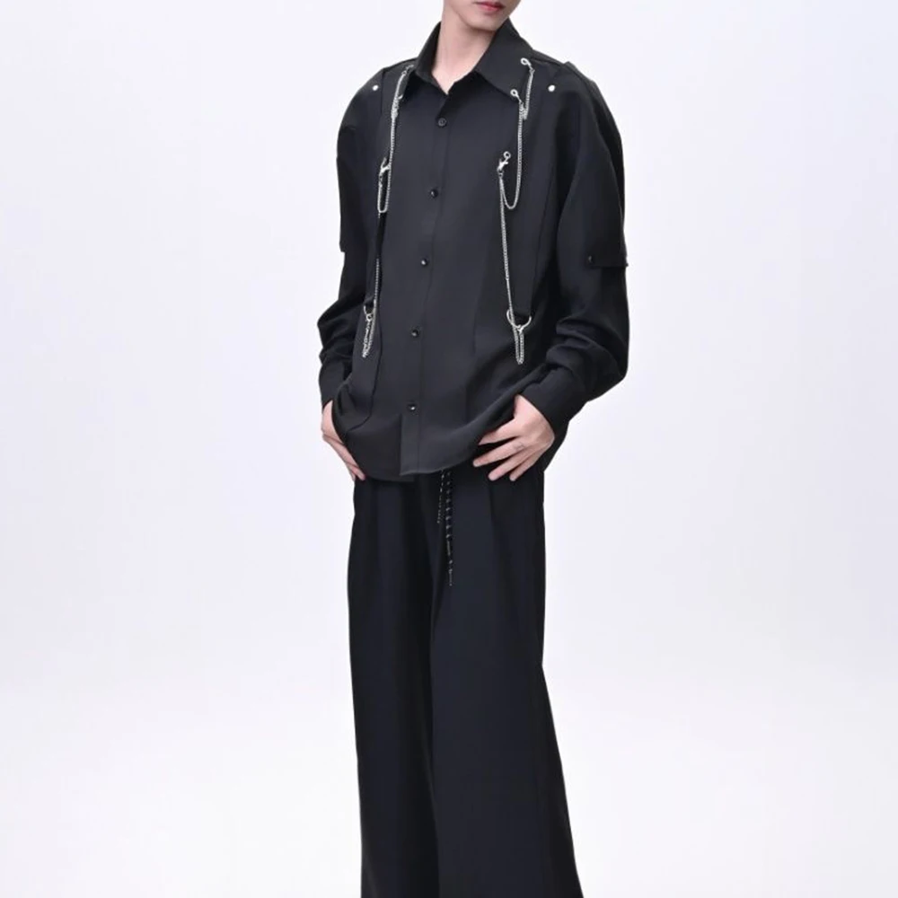 Mens Spring Shirt Chain Patchwork Designer Streetwear Fashion Nightclub Stage Performance Youth Outdoor Top Men'S Clothing 2026