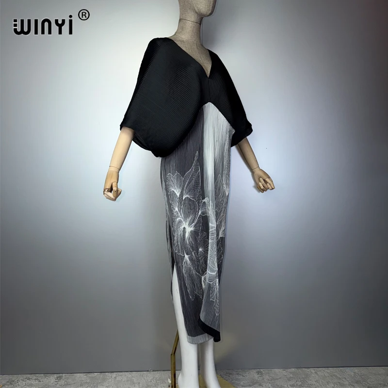 WINYI Middle East Pleated Elastic Beach Cover up Kaftan Abaya for Muslim Women Dubai Luxury Party Evening Dress