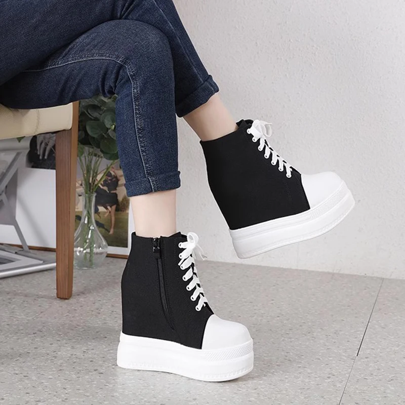 Vrouwen Canvas Schoenen Mode Hoge Hakken 15Cm Vrouwelijke Verborgen Hak Platform Schoenen Vrouwen Rubber Zool Antislip Vrouwen Platform Schoen