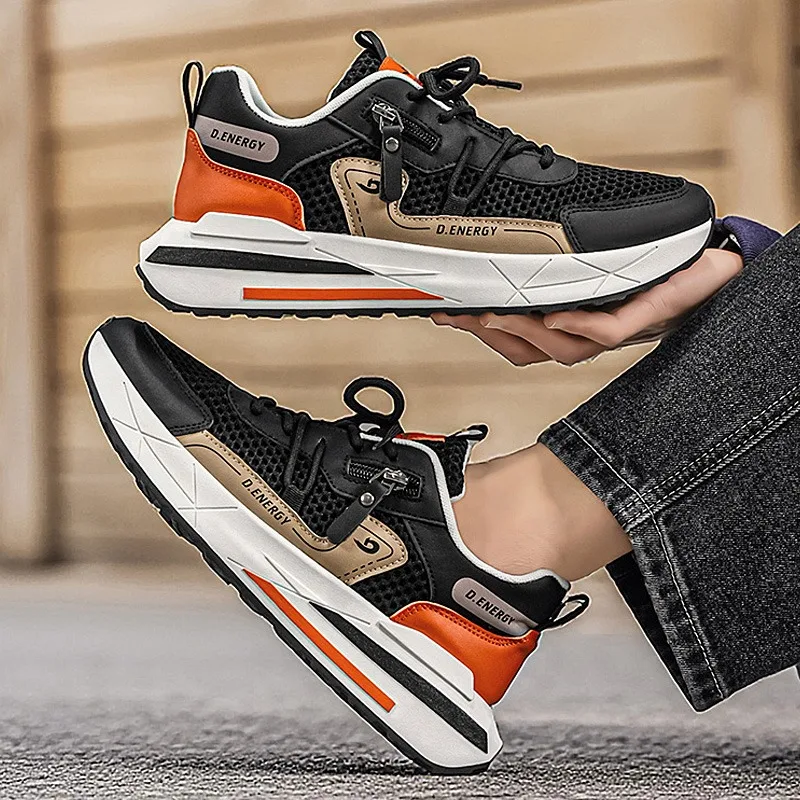 

Breathable Lightweight Fashion Sneakers Mesh Upper Zipper Design Thick Sole Casual Walking Shoes for Unisex Daily Street Wear