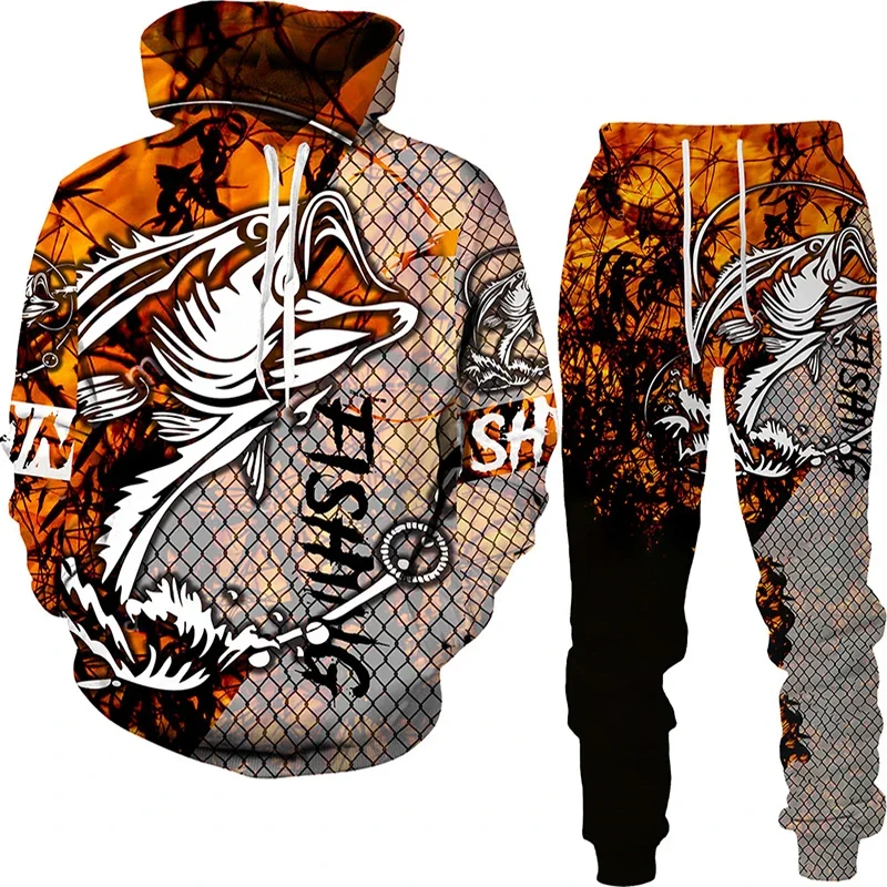 New 3D Fishing Art Print Casual Couple Hoodies Outfits Hip Hop Streetwear Hooded Sweatshirt Sweat Pants Men Boy Kids Outdoor