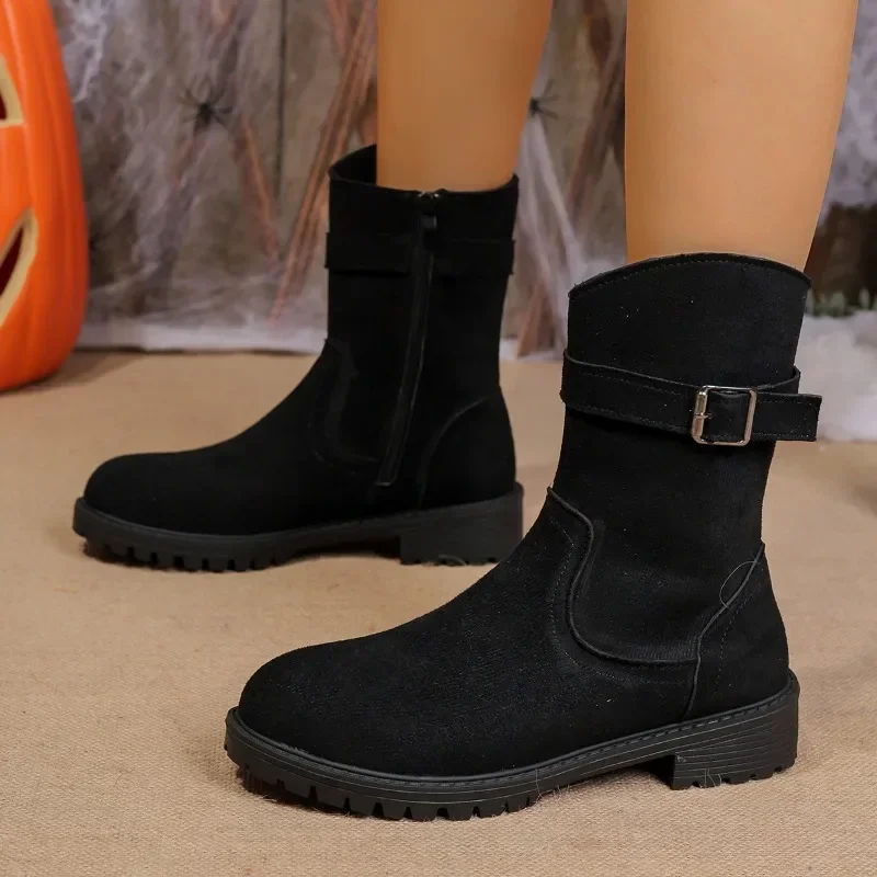 2024 Winter High Quality Women's Boots Fashion Solid Color Round Toe Buckle Low Heel Versatile Side Zipper