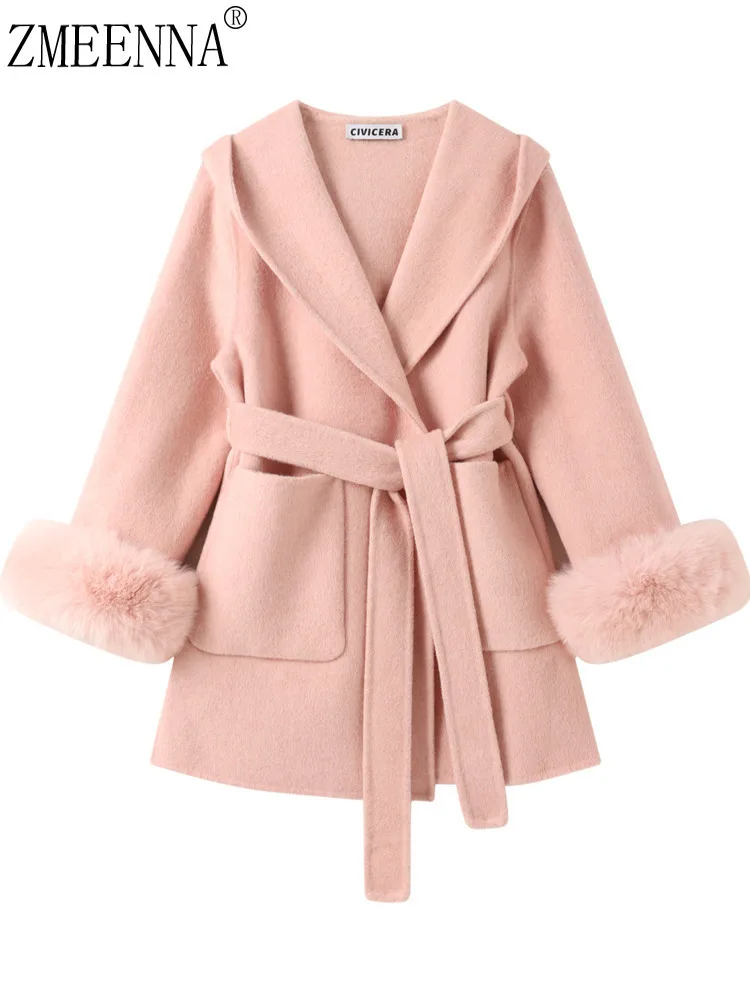 

ZMEENNA Womens Short Pink Blend Hooded Coat Belted Tie Waist Jacket With Faux Fur Cuffs Elegant Winter Outwear ZM4261