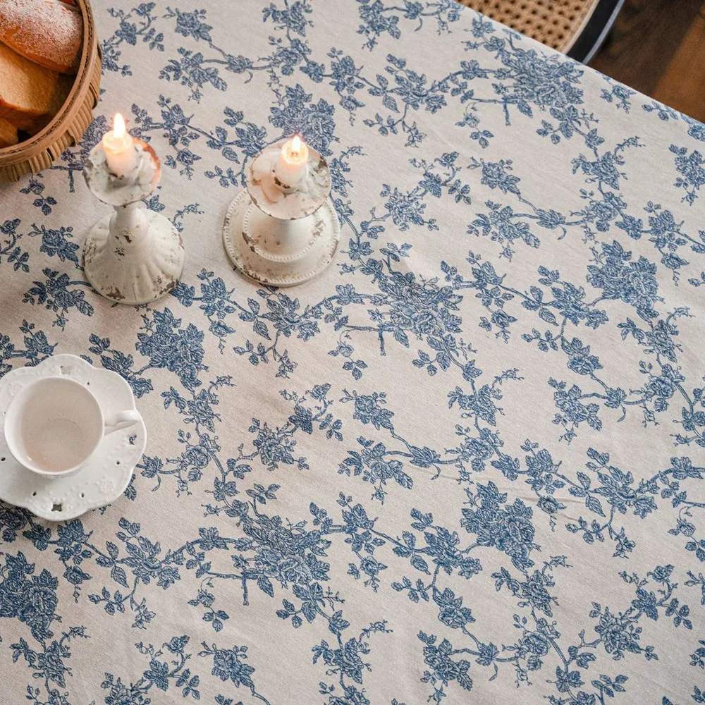 Clochef 1pc Linen Cotton Navy Blue Floral Pattern Macrame Lace Tablecloth Dinner Picnic Home Decorative Table Cover Customizable