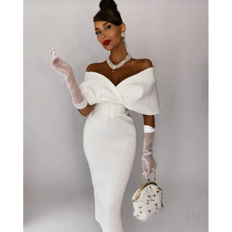 

Лидер продаж, элегантное женское облегающее короткое платье с открытыми плечами и поясом без бретелек, элитное элегантное женское платье из космического хлопка с высокой талией