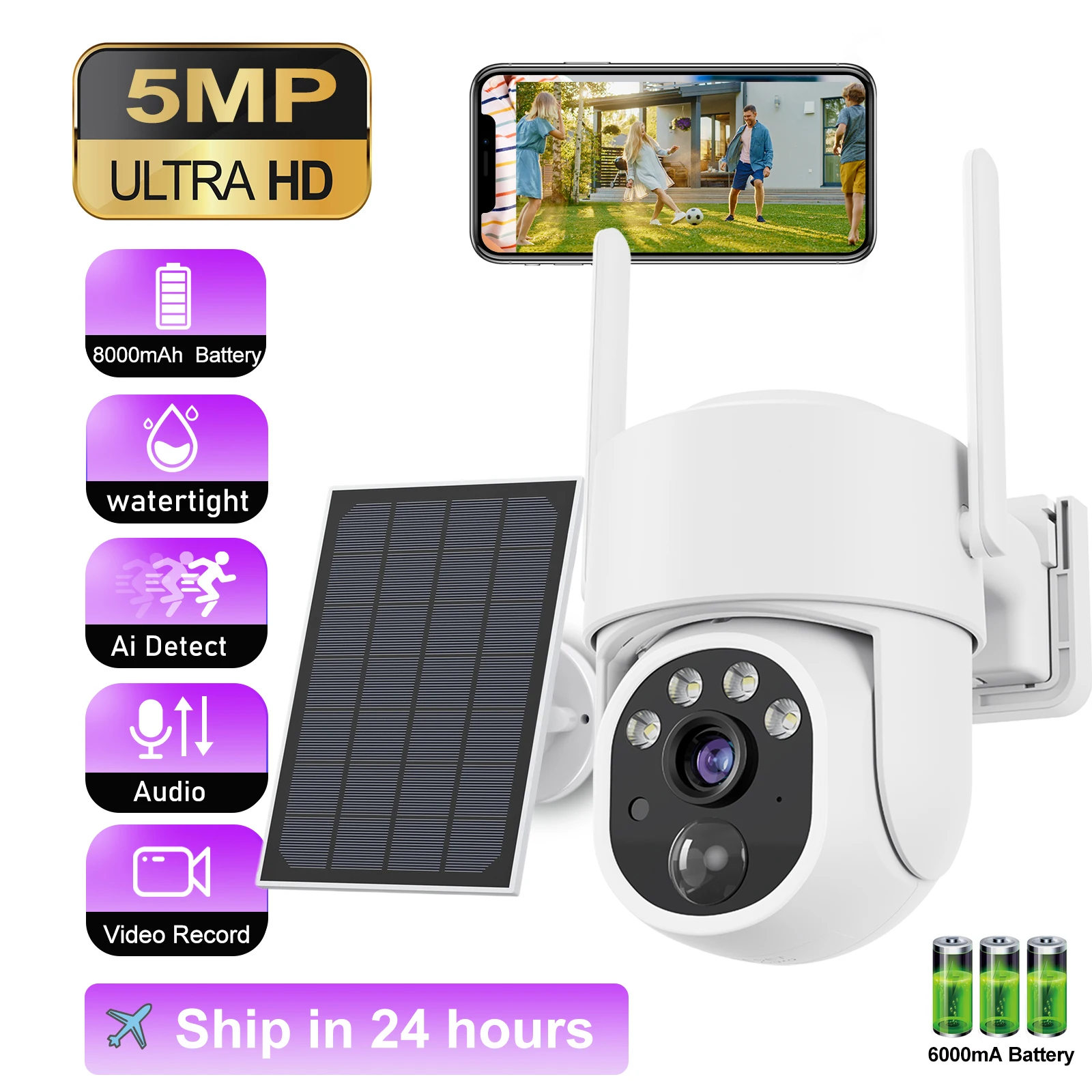 Solar WIFI Camera Outdoor 5MP Video Surveillance Wireless IP Camera With 6000mAh Recharge Battery PIR Human Detecte Security Cam