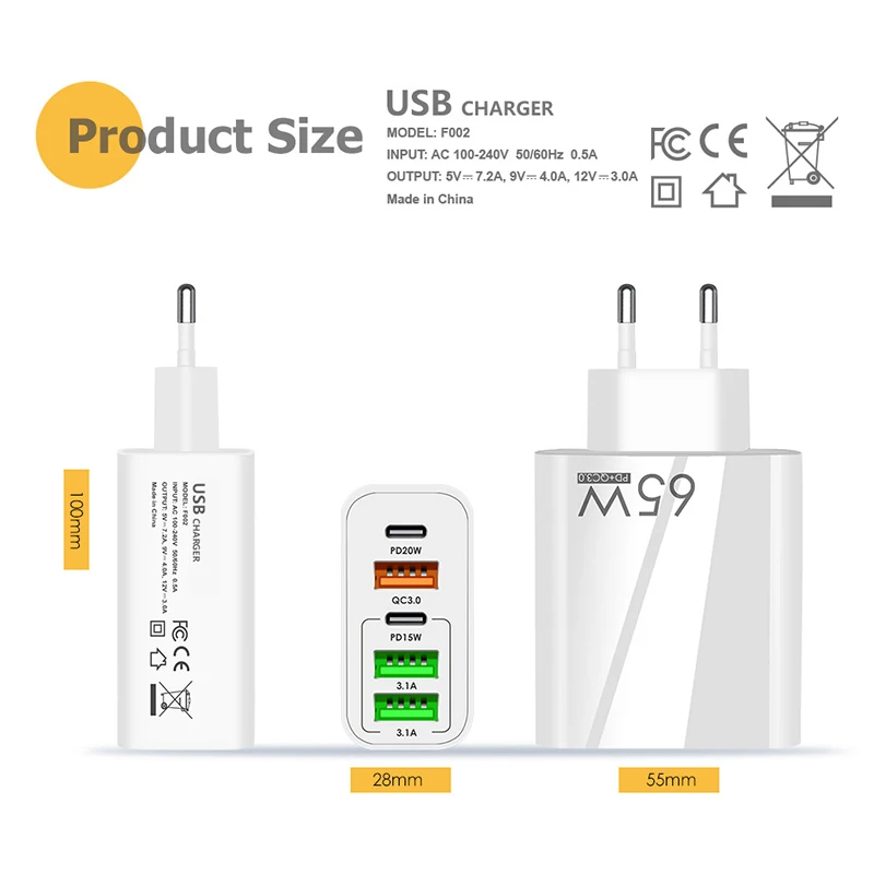 2PD 3USB Fast Charge Adapter 65W EU/US/UK Charger Travel Plugs Power High Quality Quick Chargeing For Samsung Huawei Xiaomi