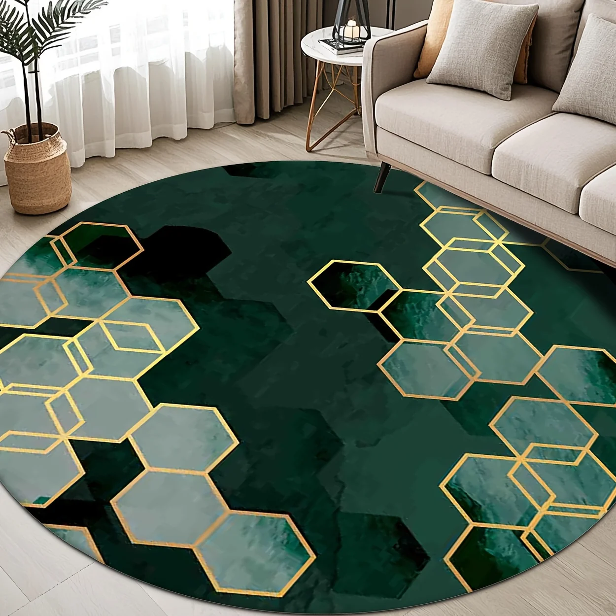 

Modern Chic Emerald Marble Golden Hexagon Printed Round Carpet,Minimalist Luxury Style Anti-slip Rug for Entryway Bedroom Lounge