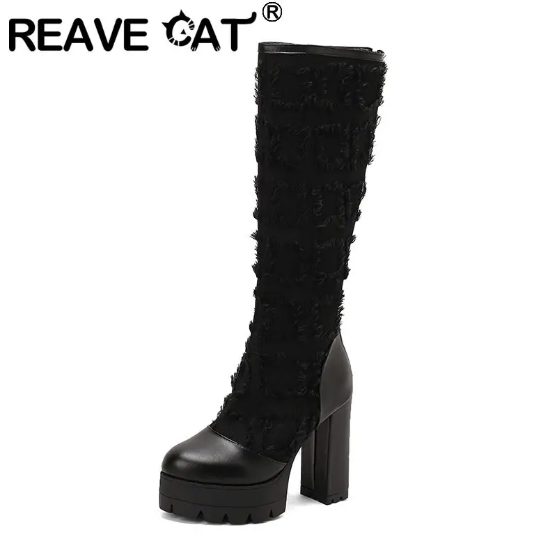 

REAVE CAT 2025 Новый дизайн Женские сапоги до колена с круглым носком на массивном каблуке 12 см Платформа 4 см Молния Смешанные цвета Плюс Размер 48 49 50
