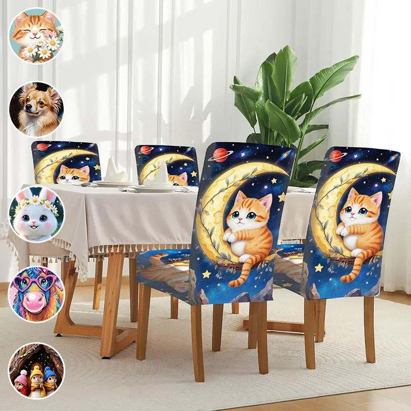 Elastic printed dining chair cover, removable and washable wear-resistant chair cover, healing cute animal pattern