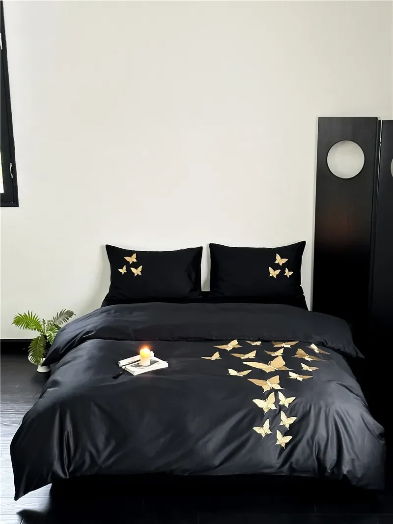 

1000TC Egyptian Cotton Black Comforter Cover Flat sheet 2 Pillow shams Luxury Chic Golden Butterfly Embroidery Bedding Set