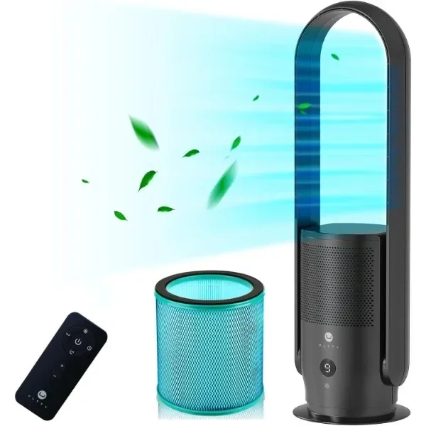 ULTTY Bladeless Tower Fan and Air Purifier in one, True HEPA Filter 99.97% Smoke Dust Pollen Dander, Oscillating Tower Fan