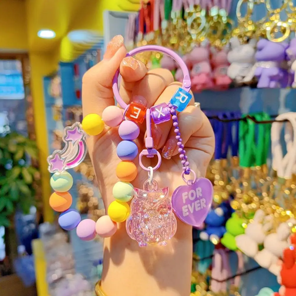 Backpack Charm Beaded Phone Wrist Strap with Owl Charm Anti-lost Keychain Bracelet Lanyard Sparkling Bag Charm for Women
