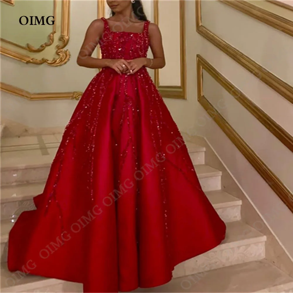 

OIMG Elegant Red Sequin Sparkly Long Satin Evening Dress 2024 A Line Strapless Floor Length Sweep Formal Prom Gowns Dress